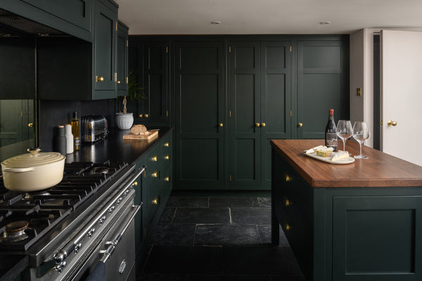 Classic Green Traditional Cabinetry with Both Cup Pulls & Knobs